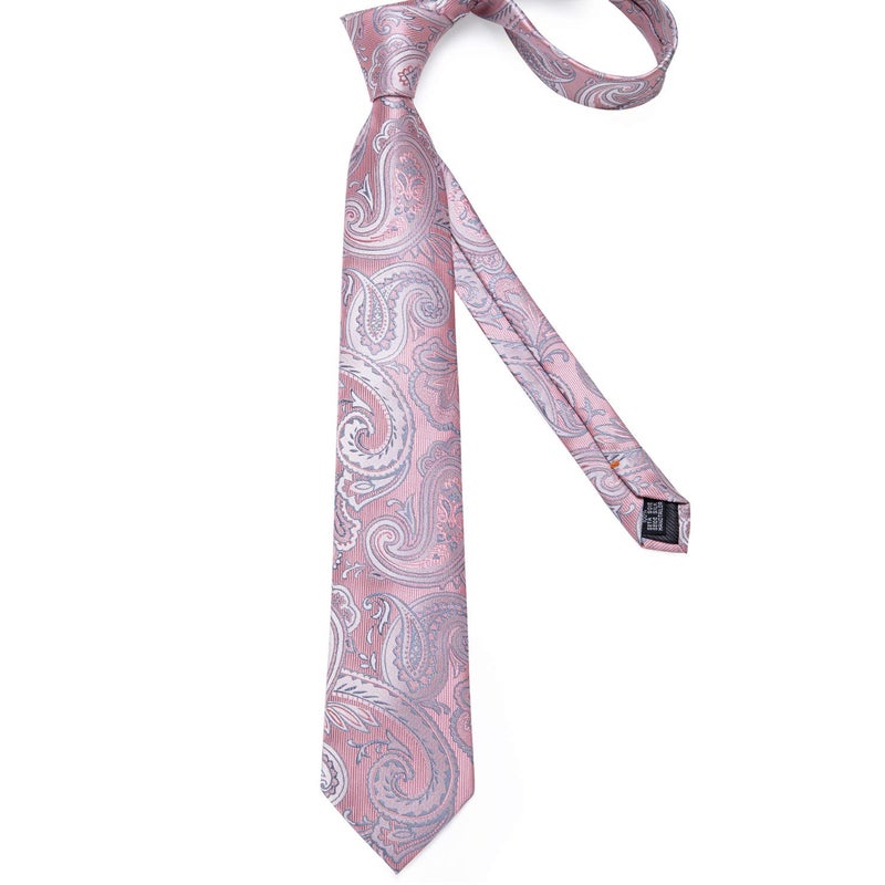 DiBanGu Paisley Ties for Men Silk Necktie and Pocket Square Cufflinks Tie Clip Set Woven Classic Mens Tie for Wedding Party, Dusty Pink - Image 4